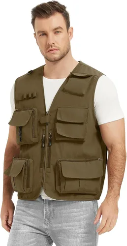 Vista 9 de Flygo Chaleco de carga para hombre, casual, ligero, al aire libre, pesca, trabajo, safari, viajes, fotos, con múltiples bolsillos