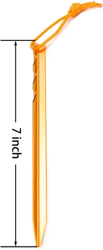 Vista 2 de Juego de 12 estacas de aleación de aluminio con cuerdas reflectantes, estacas de metal ligeras para acampar tiendas de campaña, hamacas Naranja