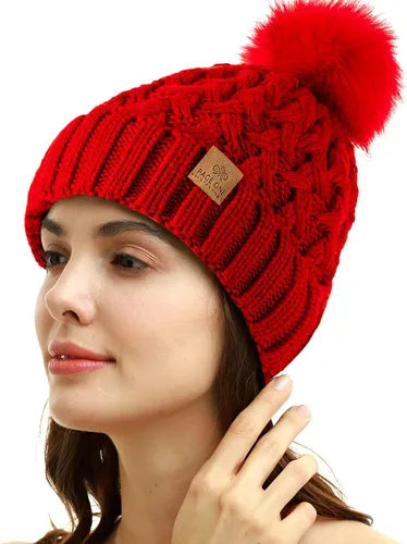 Vista 2 de PAGE ONE Womens Winter Ribbed Beanie Crossed Cap Chunky Cable Knit Pompom Soft Warm Hat