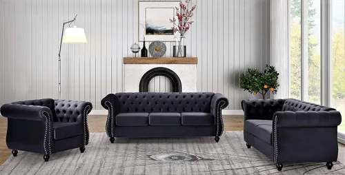 Vista 36 de Container Furniture Direct Feinstein - Sofá Chesterfield de terciopelo moderno para sala de estar con cabezas de clavos, acolchado de diamante