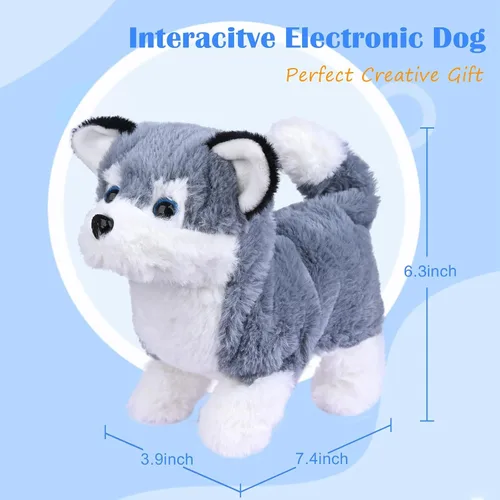 Vista 2 de WorWoder Cachorro de peluche de Alaska, perro electrónico interactivo para mascotas, caminar, ladrar, mover la cola, estirar, animal de compañía
