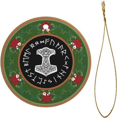 Vista 2 de Vikings Mjolnir y rueda de runa símbolo de mitología nórdica adornos de Navidad, adornos de cerámica, adorno redondo de porcelana, árbol de Navidad