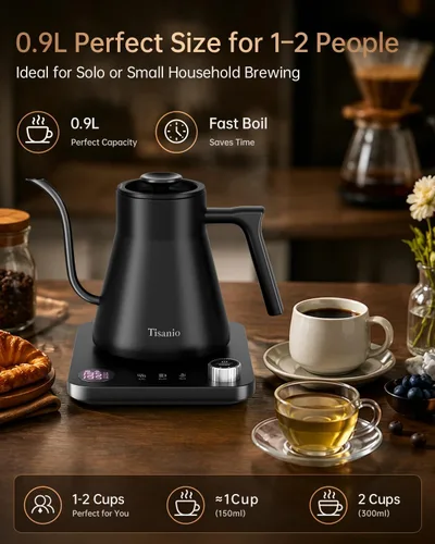 Vista 6 de Hervidor eléctrico de cuello de cisne para verter sobre café, control de precisión de ±1 °F, calefacción inteligente de dos etapas, 2 horas de Negro