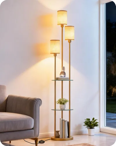 Vista 14 de Lámpara de pie con estantes, moderna lámpara de pie con 3 pantallas de lino e interruptor de pie, lámpara de pie de 3 luces, para sala de estar