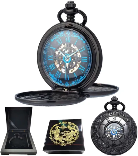 Vista 13 de Relojes mecánicos de bolsillo con números romanos con esfera y cadena para hombre y mujer