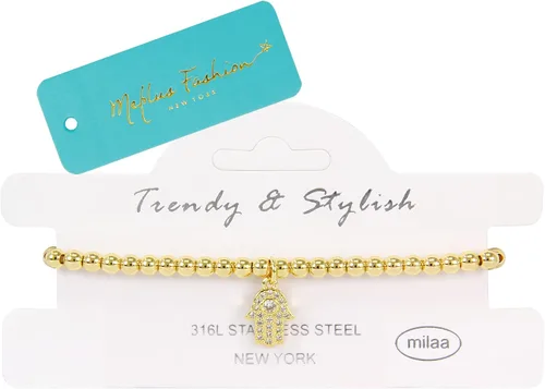 Vista 6 de Pulseras para mujer de acero inoxidable dorado y plateado de 0.157 in con cuentas elásticas