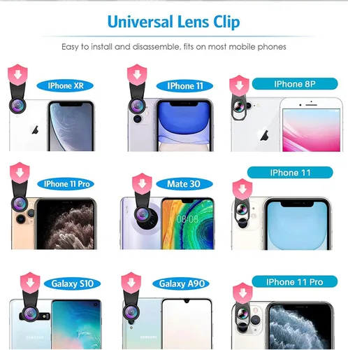 Vista 11 de Kit de lentes de cámara para teléfono celular, 11 en 1, teleobjetivo universal 20x, 0.63 gran angular, 15X macro, 198° ojo de pez, 2X telefoto