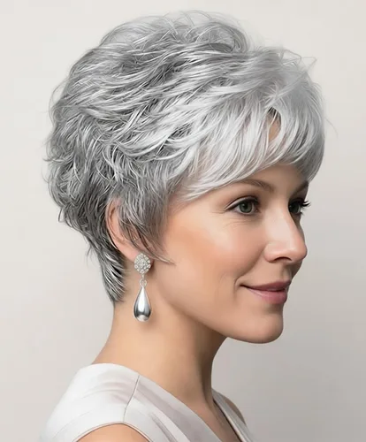 Vista 15 de Pelucas cortas gris plateadas para mujeres blancas, pelucas sintéticas con corte pixie natural y a capas con flequillo, peluca corta de pelo gris
