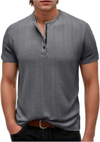 Vista 8 de Men's Knit Henley Shirts Jacquard Texture Fashion Golf Tops Summer Button Down Short Sleeve Casual Workout T-Shirts