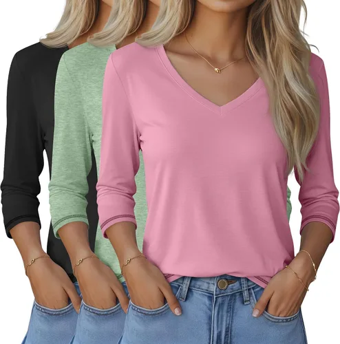 Vista 7 de Ficerd Paquete de 3 camisetas de manga 3/4 para mujer, cuello en V, blusas holgadas, blusas casuales, ropa de moda 2026