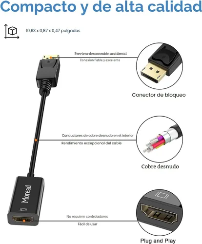 Vista 4 de Moread Adaptador 4K DisplayPort (DP) a HDMI, Convertidor de Puerto de Pantalla Unidireccional Chapado en Oro de Computadora a Pantalla HDMI