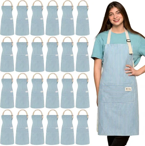 Vista 8 de Janmercy 24 delantales para mujeres y hombres con 2 bolsillos, delantal de cocina de lino, delantal ajustable para chef, delantales a granel unisex