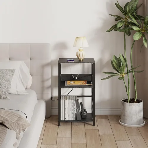 Vista 7 de DALEMHOME Soporte para tocadiscos con estación de carga, mesa auxiliar de 3 niveles para almacenamiento de 100 vinilos, mesa auxiliar para sala