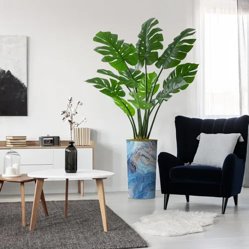 Vista 13 de Árbol artificial en macetero con efecto de granito moderno, palmera tropical areca artificial de seda para decoración del hogar en interiores
