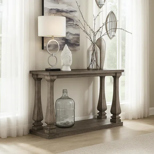 Vista 11 de Signature Design by Ashley Johnelle - Mesa de sofá casual, mesa enmarcada con aspecto de tablón, acabado desgastado, chapas de olmo y madera, 60
