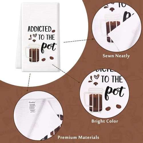 Vista 3 de Vansolinne Juego de 4 toallas de cocina de café con diseño de gofres, divertidas toallas de barra de café para regalos de mamá y anfitriona