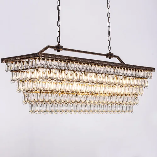 Vista 10 de Wellmet Candelabro de cristal para comedor, lámpara de techo rectangular de cristal de bronce antiguo de 30 pulgadas, 4 luces, iluminación de isla