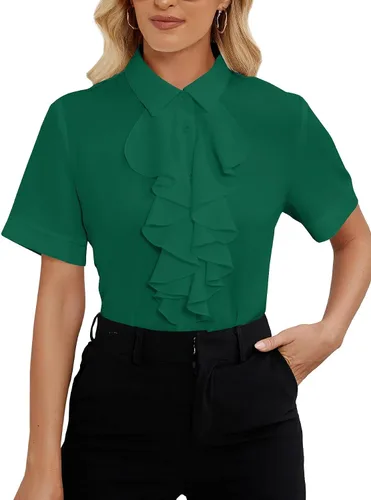 Vista 14 de Vrtige Women's Ruffle Front Collar Neck Button Down Short Sleeve Blouse Shirt Top