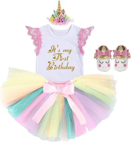 Vista 2 de Disfraz de princesa para bebé y niña de primer cumpleaños, con diseño de unicornio y falda tutú arcoíris (zapatos)