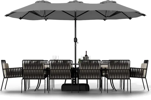 Vista 12 de Shintenchi Sombrilla grande de patio de 13 pies con base, sombrilla rectangular doble cara para exteriores con asa de manivela para césped junto a