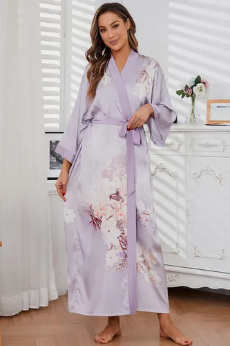 Vista 3 de Bata de baño larga de seda para mujer, ropa de dormir con estampado floral, bata de boda, camisón de satén para dama de honor