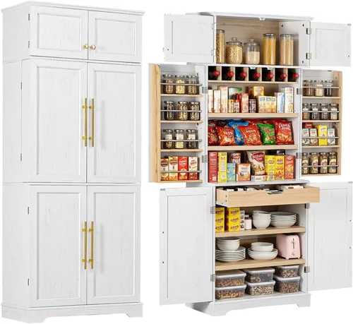 Vista 14 de 78.2" Tall Farmhouse Kitchen Pantry Cabinet with 8 Door Shelves, Storage Cabinet with 4 Adjustable Shelves, Hidden Drawer, Wine Rack, Versatile Ash
