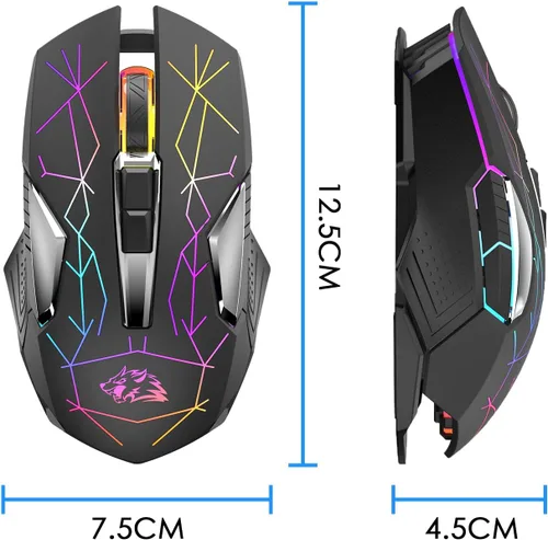 Vista 8 de Ratón inalámbrico para juegos recargable con retroiluminación RGB de arcoíris silencioso, 2.4 G, sensor óptico de 3 niveles DPI, computadora