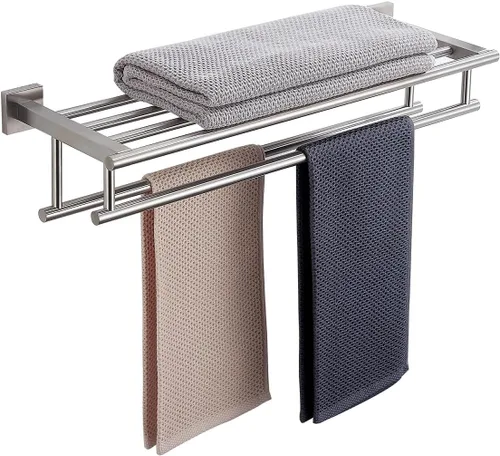 Vista 15 de Toallero para baño de 20 pulgadas montado en la pared con barra doble de níquel cepillado, estante de toallas SUS304 de acero inoxidable para pared