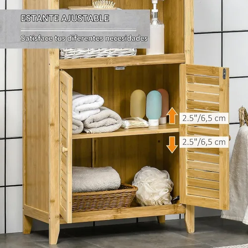 Vista 6 de HOMCOM Mueble de baño de bambú con estantes y puertas, natural