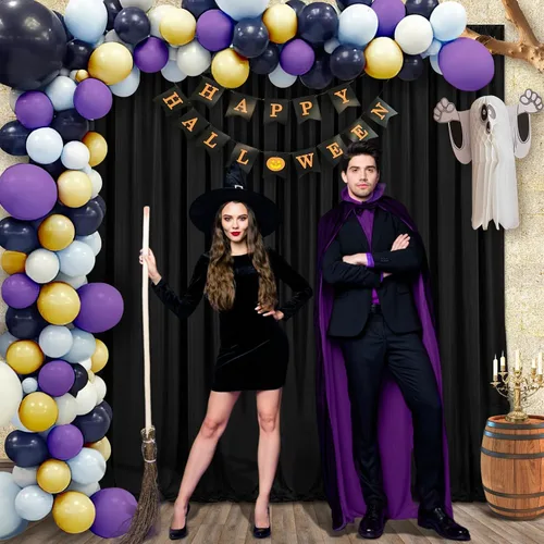 Vista 3 de Cortina de fondo negra: 2 paneles de 5 pies x 10 pies - Cortina de fondo de fotos de poliéster para escenario de boda, fiesta de cumpleaños