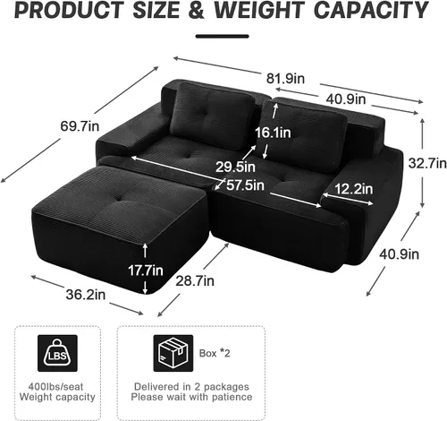 Vista 2 de Sofás modulares convertibles de 82 pulgadas, sofás en forma de L de asiento profundo para sala de estar, sofá moderno de 2 plazas con 1 otomana
