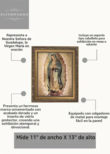 Vista 2 de Gerffert - Decoración de pared cristiana con marco dorado, 11 x 13 pulgadas, Nuestra Señora de Guadalupe