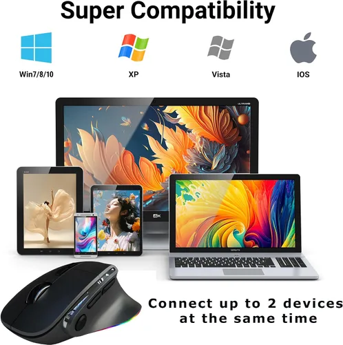 Vista 4 de Ratón ergonómico con forma de manos medias, modo dual (Bluetooth+USB), recargable con túnel carpiano vertical Bluetooth inalámbrico