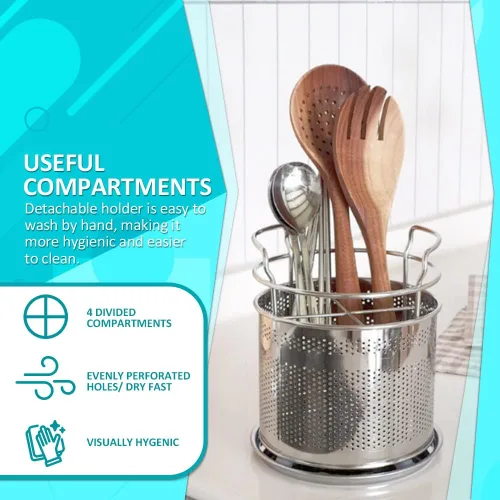 Vista 2 de Cesta de secado de cubiertos de acero inoxidable para escurridor de platos, soporte para utensilios de 4 compartimentos con tabla de drenaje