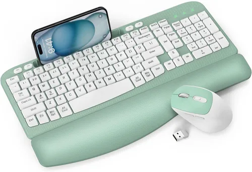 Vista 11 de Juego de teclado y mouse inalámbrico, teclas de onda de tamaño completo, teclado ergonómico con reposa muñecas acolchado, soporte para teléfono