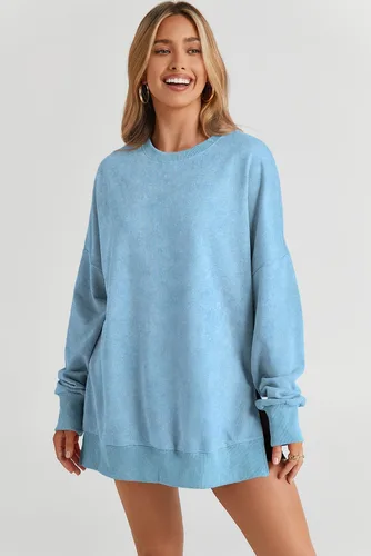 Vista 2 de SHEWIN Sudadera casual de manga larga con cuello redondo para mujer, ligera, holgada