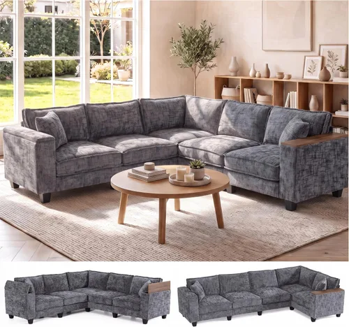 Vista 14 de Sofá modular modular en forma de V de 97 pulgadas, 5 asientos, moderno y cómodo sofá esquinero de chenilla, sofá convertible en forma de L, sofá