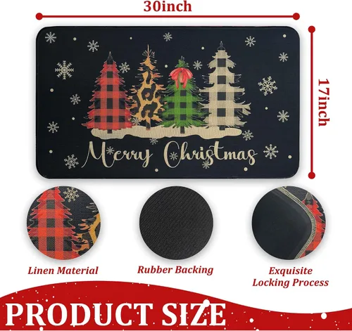 Vista 2 de Felpudo Decorativo de Navidad Feliz Navidad 30"x17" Negro, Alfombra de Puerta Temporada de Búfalo a Cuadros Árbol de Navidad Antideslizante Lavable