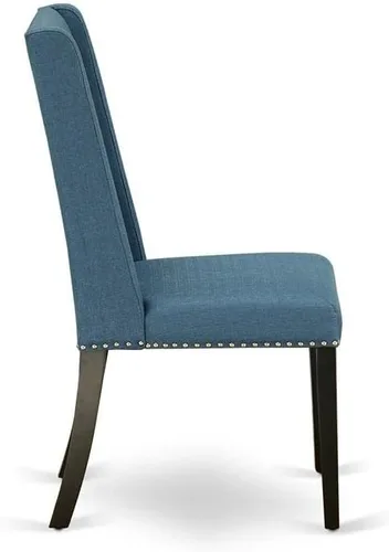 Vista 6 de East West Furniture FLP1T21 Florence Parson Sillas – Juego de 2 sillas de comedor tapizadas de tela de lino azul con ribete de clavo, color negro