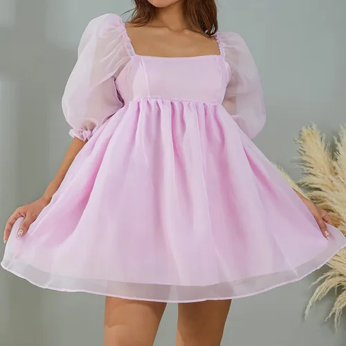 Vista 5 de Mini vestido de manga abombada para mujer, cuello cuadrado, manga de burbujas, tul babydoll de tul corto para fiesta de graduación