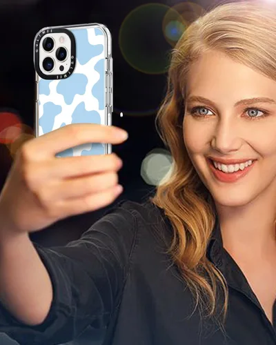 Vista 6 de Diseñada para iPhone 13 Pro de 6.1 pulgadas, bonito estampado de vaca azul con protector de pantalla de vidrio templado, diseño delgado con funda