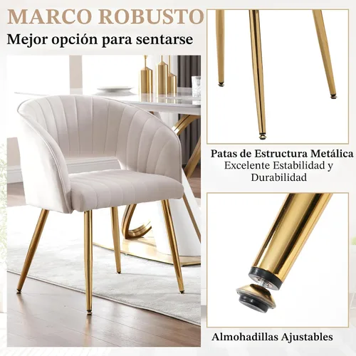 Vista 6 de ABET Juego de 2 sillas de comedor de terciopelo, rayas modernas con patas doradas, color beige