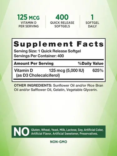Vista 2 de Nature's Truth Vitamina D3 5000 UI cápsulas blandas 400 unidades Alta potencia Suplemento sin OMG y sin gluten