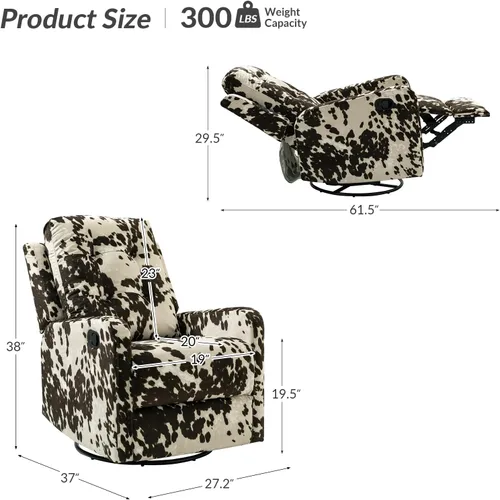 Vista 2 de HULALA Home Silla reclinable moderna de tela estampada para sala de estar, sofá reclinable con respaldo alado, cómodo sillón giratorio de 360 Marrón