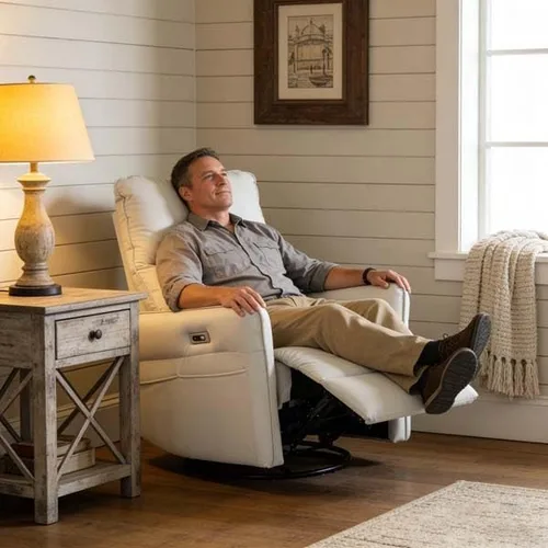 Vista 4 de Silla reclinable eléctrica giratoria con puertos USB, piel sintética para dormitorio (gris claro)