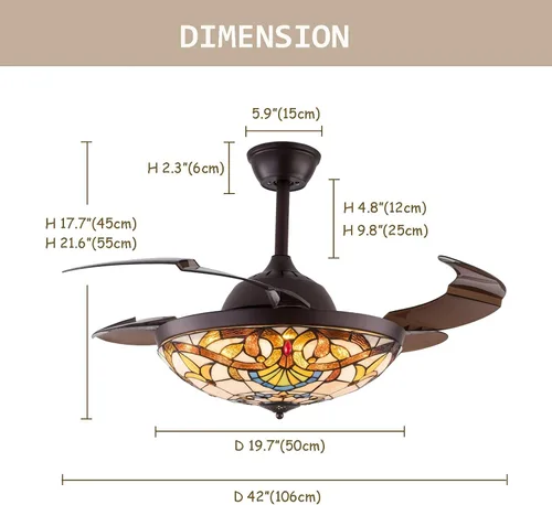 Vista 5 de TFCFL Ventilador de techo invisible estilo Tiffany de 42 pulgadas con luces y control remoto, cuchillas retráctiles, 3 velocidades, 3 cambios