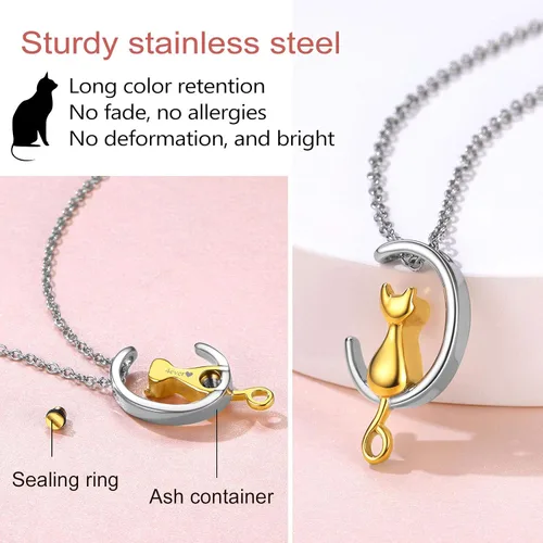 Vista 230 de FindChic Collares personalizados con urna para cenizas, barra vertical, gato, luna, reloj de arena, garra de perro, acero inoxidable, chapado en oro