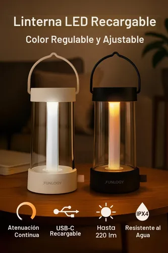 Vista 2 de FUNLOGY Farol – Linterna LED recargable para campamento, luz vintage regulable de 360°, banco de energía de 4000 mAh, alto CRI 95, IPX4 resistente