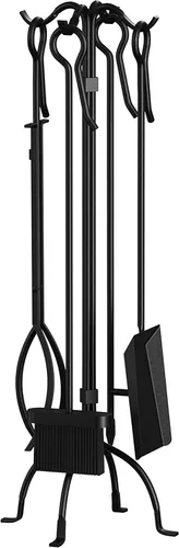 Vista 2 de Fire Beauty Juego de herramientas para chimenea de 5 piezas, juego de herramientas de hierro forjado resistente, color negro