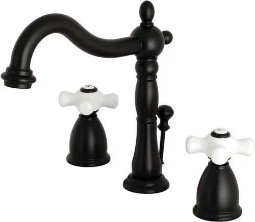 Vista 3 de Kingston Brass KB1978PX Heritage - Grifo de lavabo con mango cruzado de porcelana, níquel cepillado, centro ajustable de 8 pulgadas